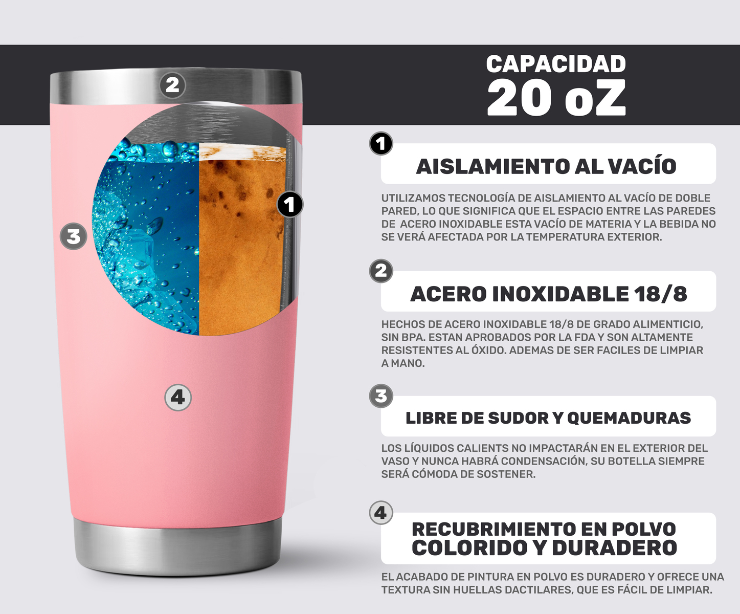 Taza Vaso de Acero Inoxidable Con Aislamiento al Vacio- Rosa Claro