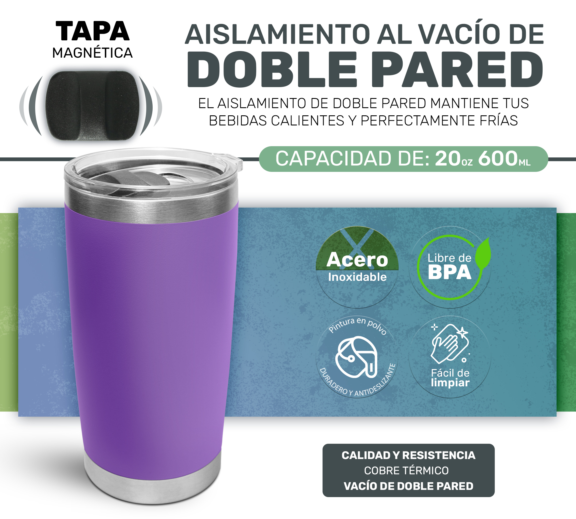 Vaso para Café Tipo Yeti | Termo de Acero Inoxidable y Aislamiento de Doble Capa con Tapa Magnética | Capacidad de 800ml