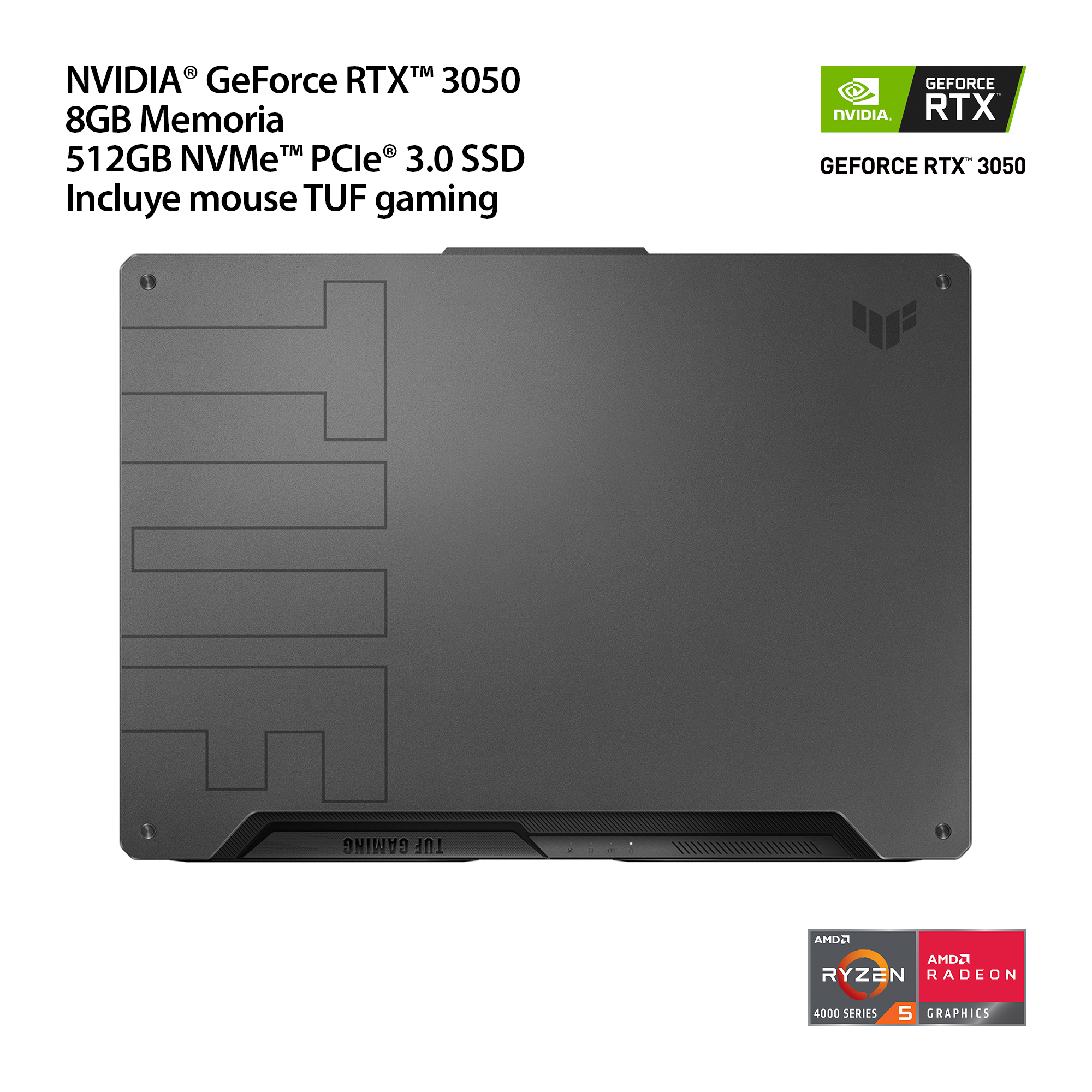 Laptop ASUS TUF Gaming A15 AMD Ryzen 5 4600H 8GB 512GB SSD NVIDIA GeForce RTX3050 Gris + Mouse FA506IC-HN073W