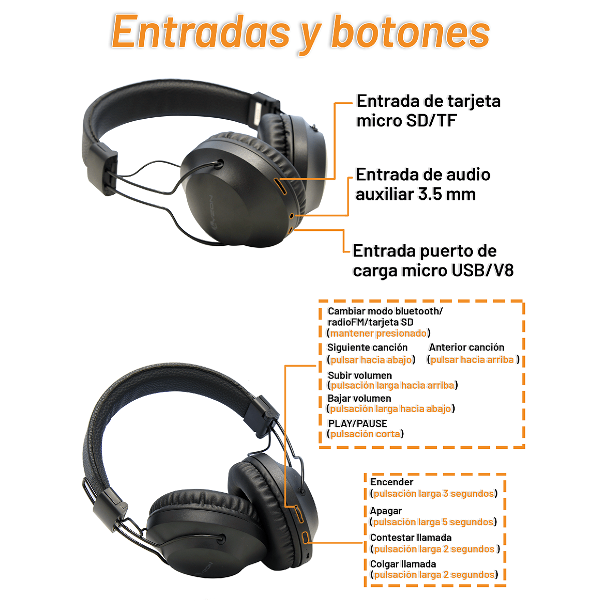 Audifonos Inalambricos Diadema Archy  50 Horas de Batería Larga Duracion Bluetooth 5.0 Cancelacion de Ruido Radio FM Tarjeta Micro SD Microfono Manos Libres Pure Bass (BTV60) 