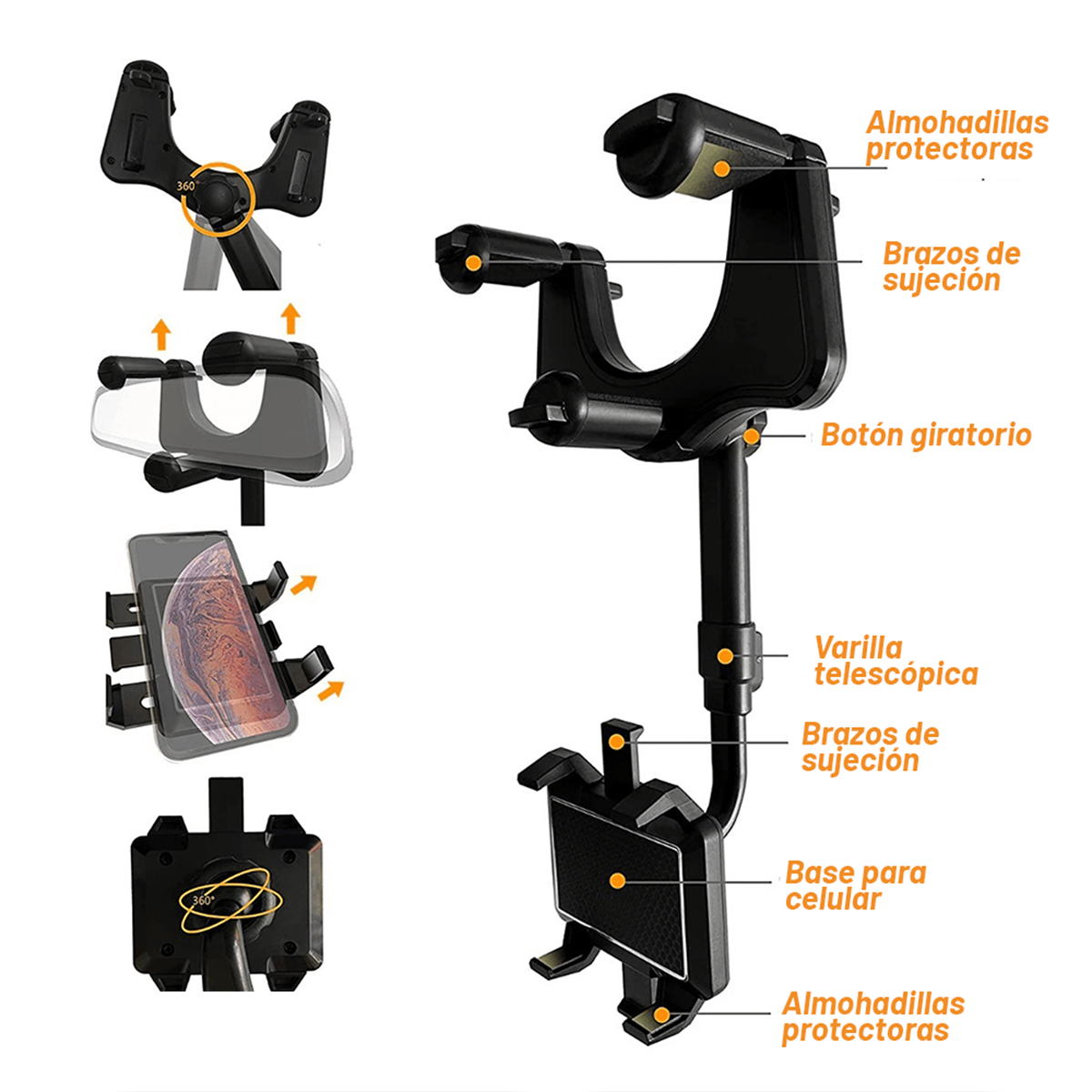Base Soporte de Celular para Carro Archy Rotacion 360 Grados Porta Celular Automóvil Coche Espejo Retrovisor Ajustable Plegable Universal (ZJ2163).