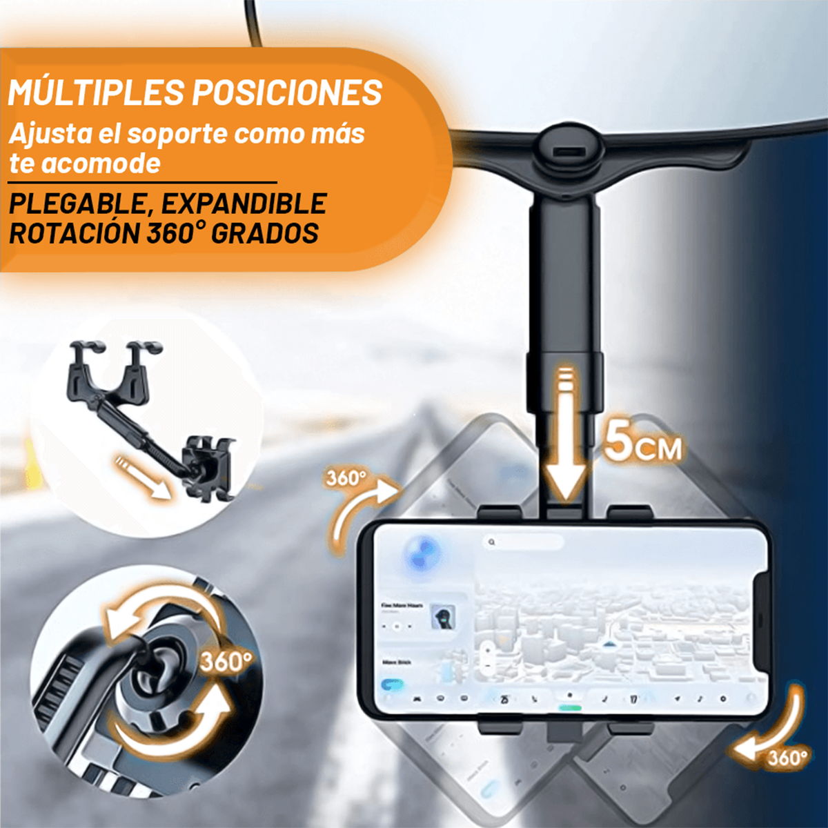 Base Soporte de Celular para Carro Archy Rotacion 360 Grados Porta Celular Automóvil Coche Espejo Retrovisor Ajustable Plegable Universal (ZJ2163).