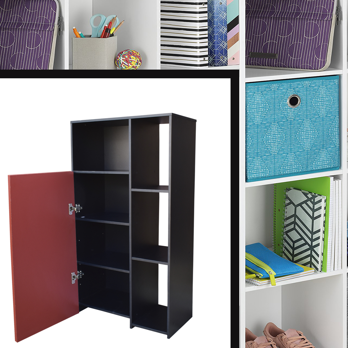 Hogare Mueble Alacena Despensero Organizador Practico Multiusos de melamina de alta resistencia, con puerta y estantes Color Negro Rojo