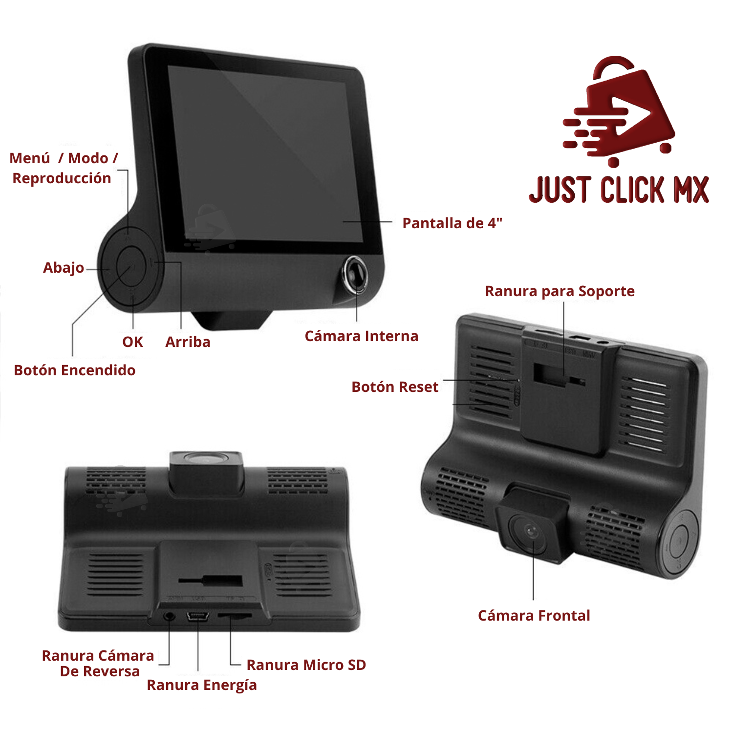 Cámara De Auto DVR 3 En 1 Frontal Interior y Reversa