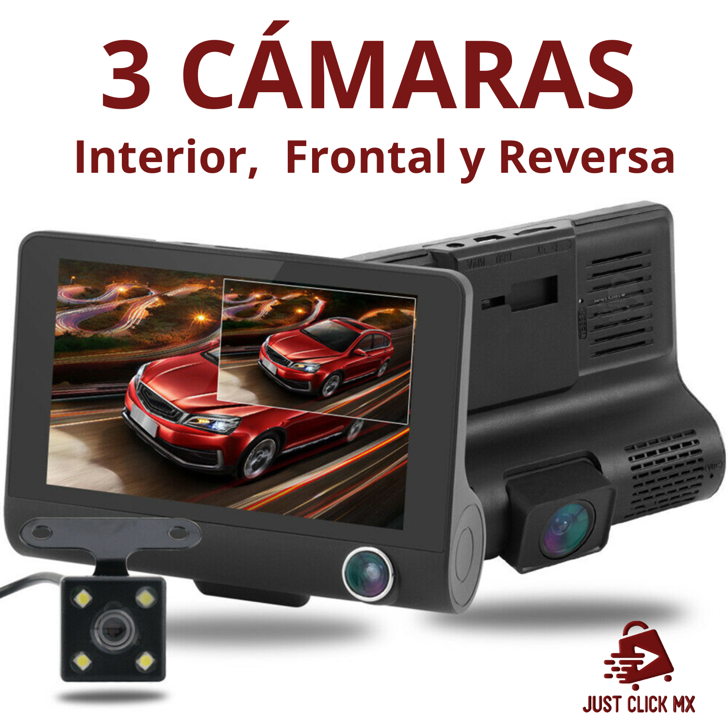 Cámara De Auto DVR 3 En 1 Frontal Interior y Reversa