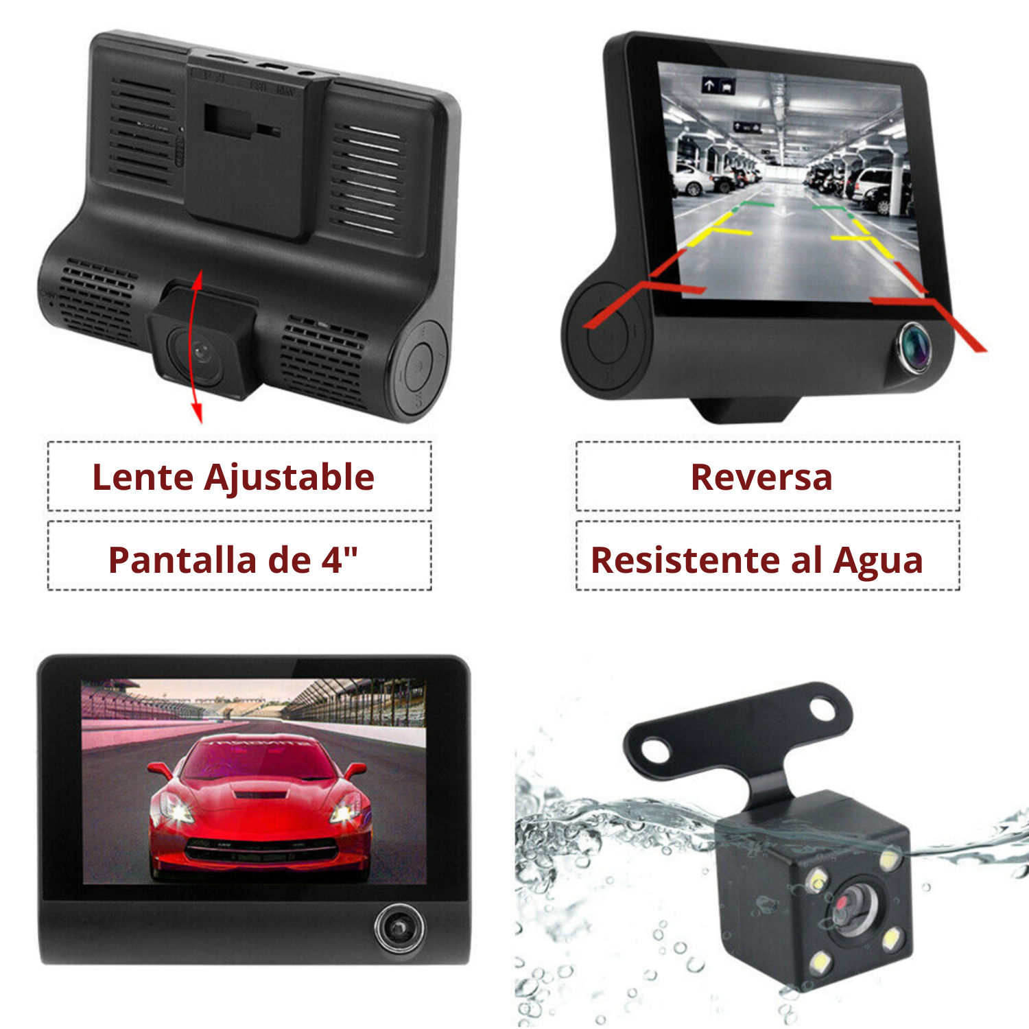 Cámara De Auto DVR 3 En 1 Frontal Interior y Reversa