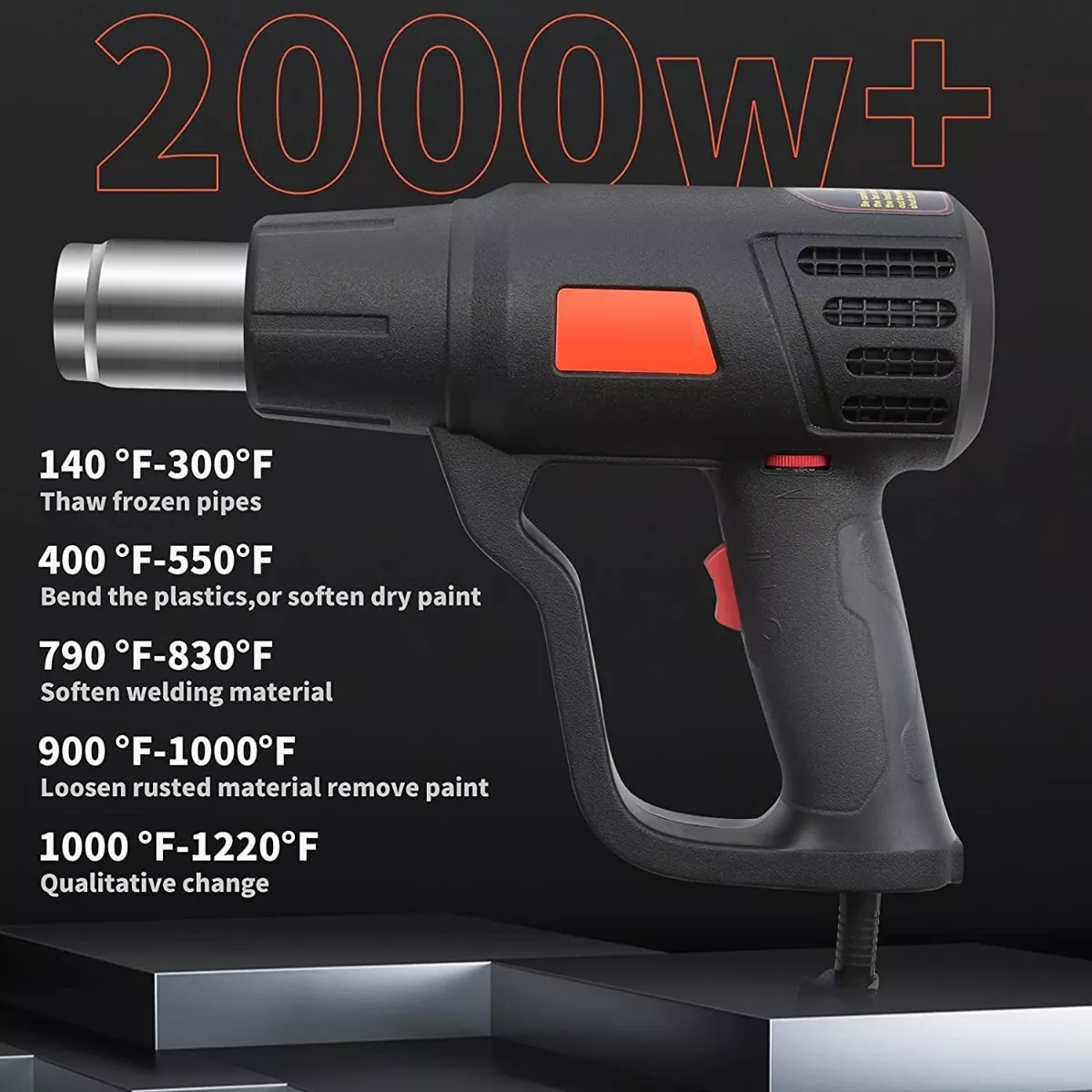 Pistola De Calor De 2000w Temperatura Regulable 4 Boquillas Negro