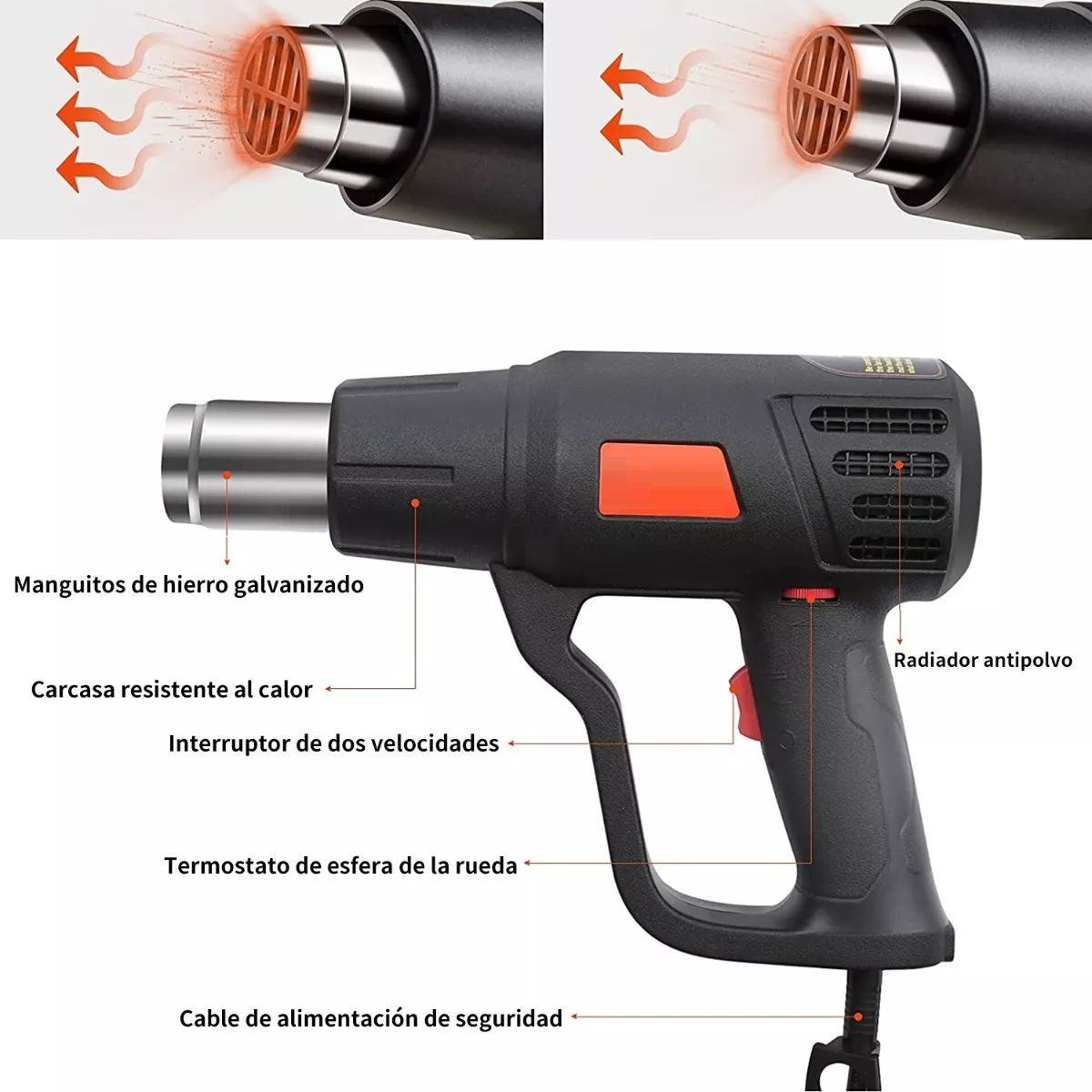 Pistola De Calor De 2000w Temperatura Regulable 4 Boquillas Negro