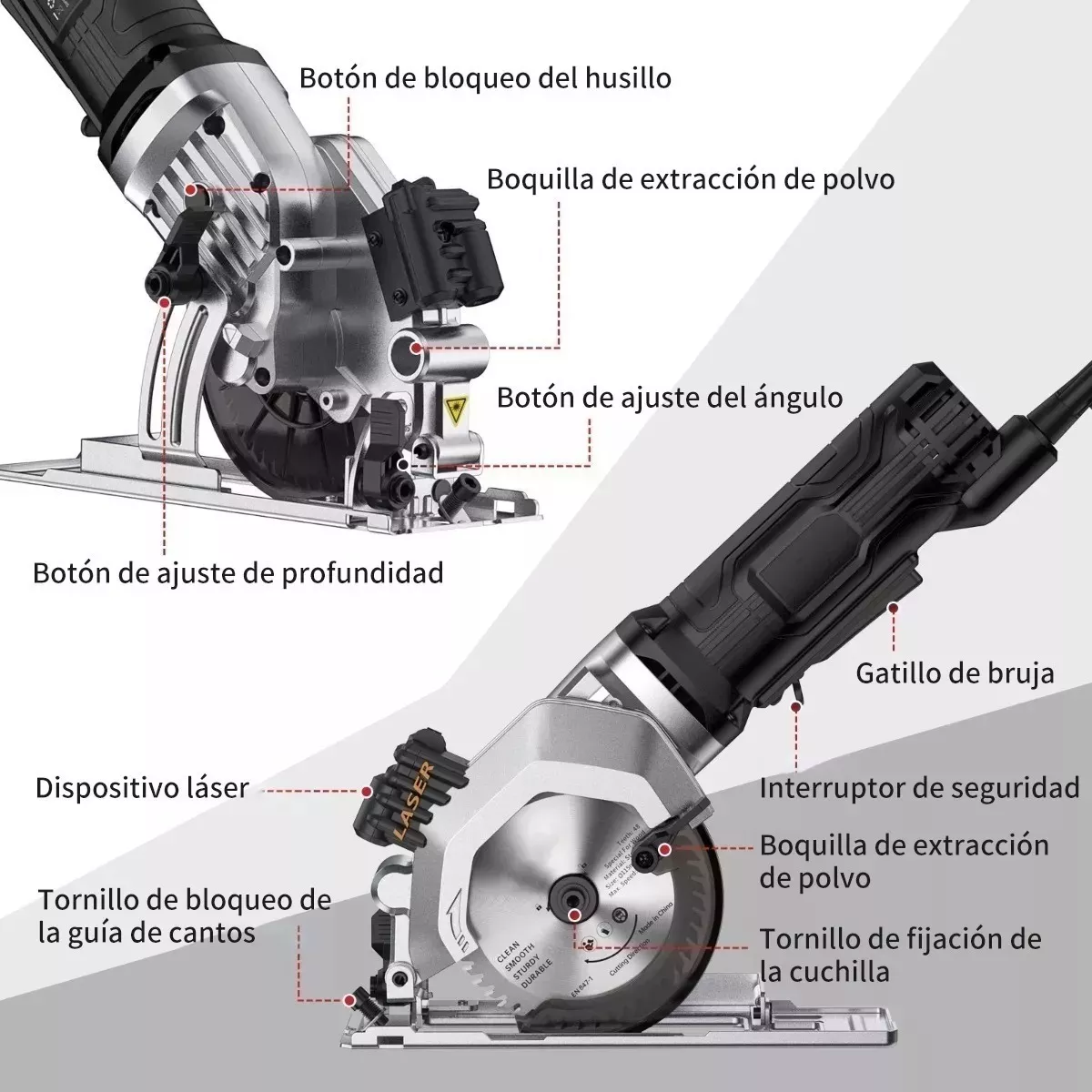Mini Sierra Circular Compacta Con Corte Por Láser 3700 Rpm
