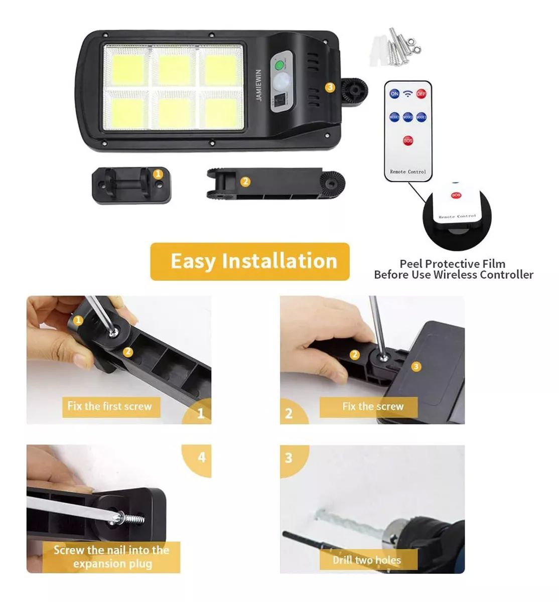 Lámpara Solar Led Pared Exterior Sensor de movimiento 3 Modos con Control Remoto