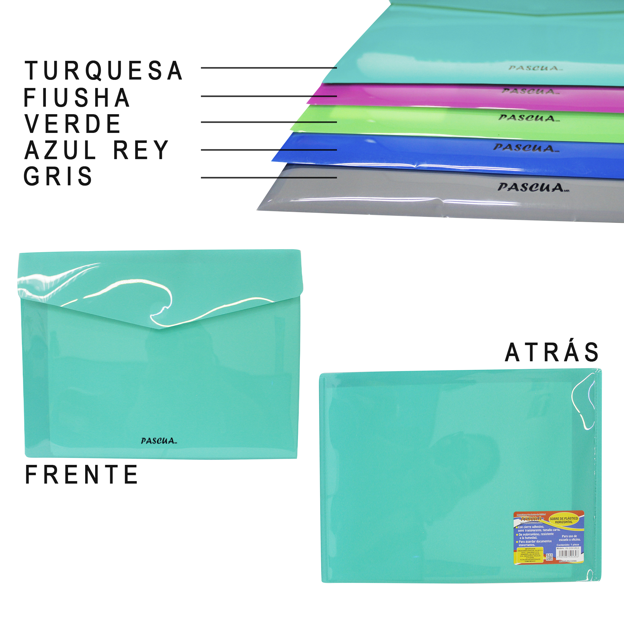 Sobre de plástico horizontal con cierre adhesivo, semi transparente, tamaño carta cierre velcro, colores flúor, para archivar, clasificar y llevar a la escuela, oficina o universidad.