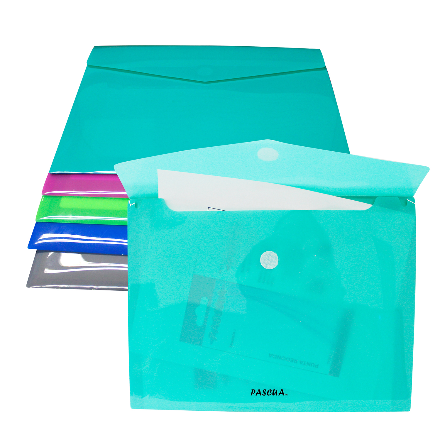 Sobre de plástico horizontal con cierre adhesivo, semi transparente, tamaño carta cierre velcro, colores flúor, para archivar, clasificar y llevar a la escuela, oficina o universidad.