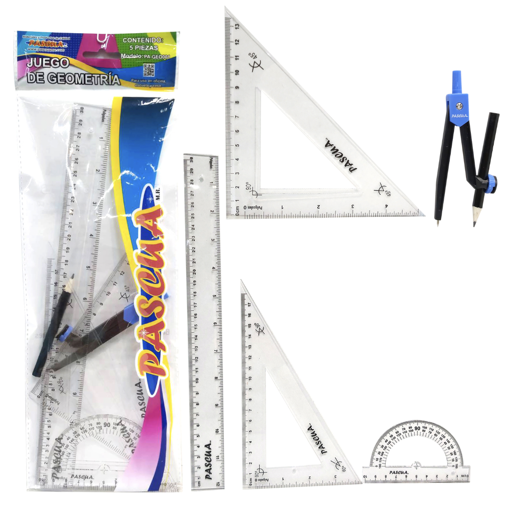 Pack escolar con escuadra, cartabón, regla y semicírculo transportador, juego de geometría para dibujo escolar y oficina casa