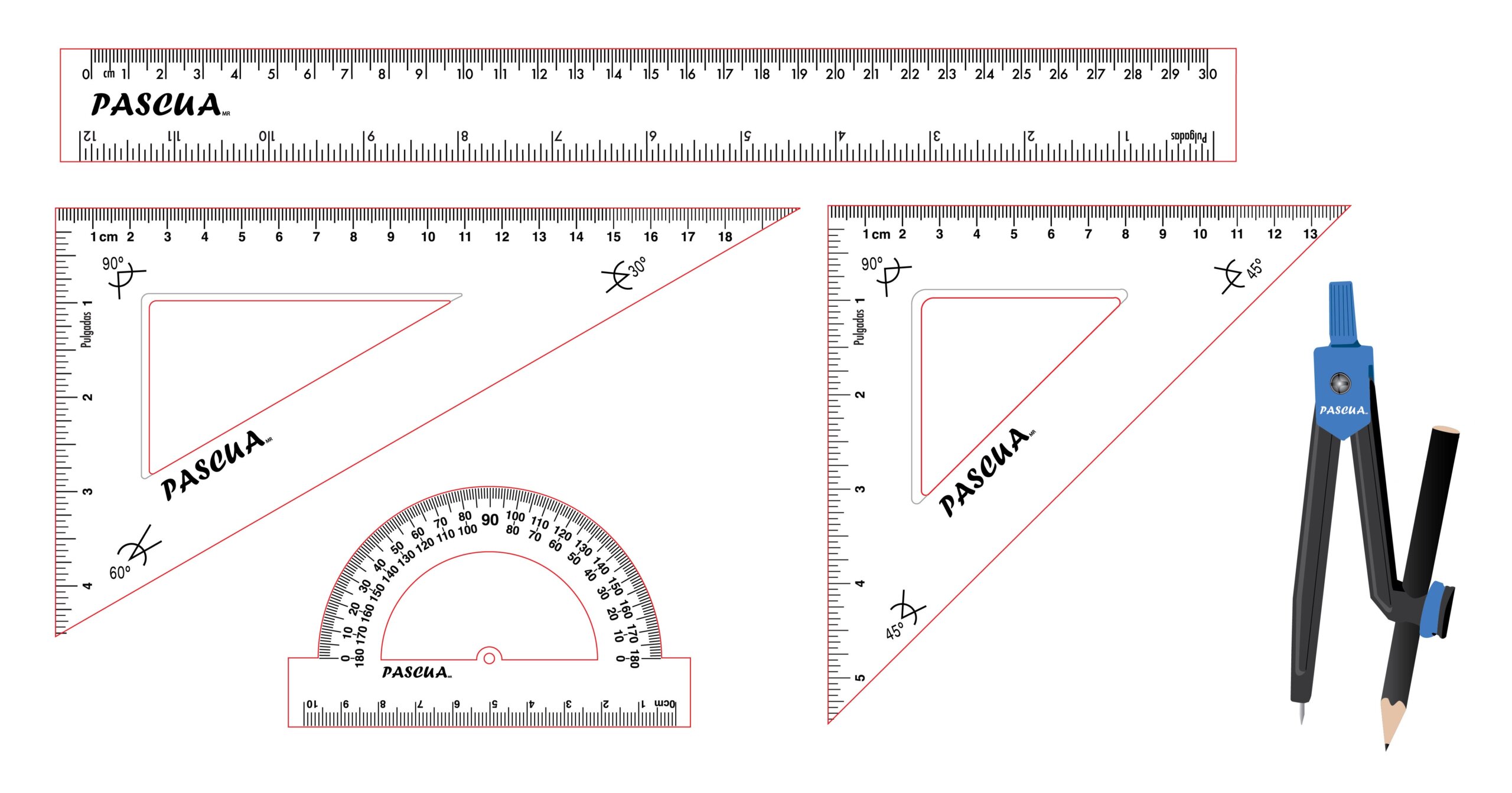 Pack escolar con escuadra, cartabón, regla y semicírculo transportador, juego de geometría para dibujo escolar y oficina casa