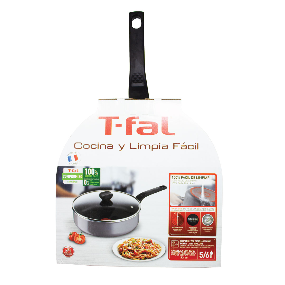 Cacerola de 26 Cm con Antiadherente y Tapa de Vidrio Cocina y Limpia Fácil T-fal B5653382