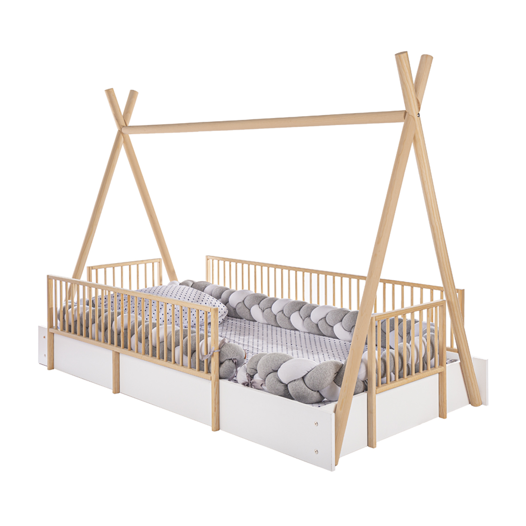 Cama Tipi Montessori Con Barandales De Madera Individual