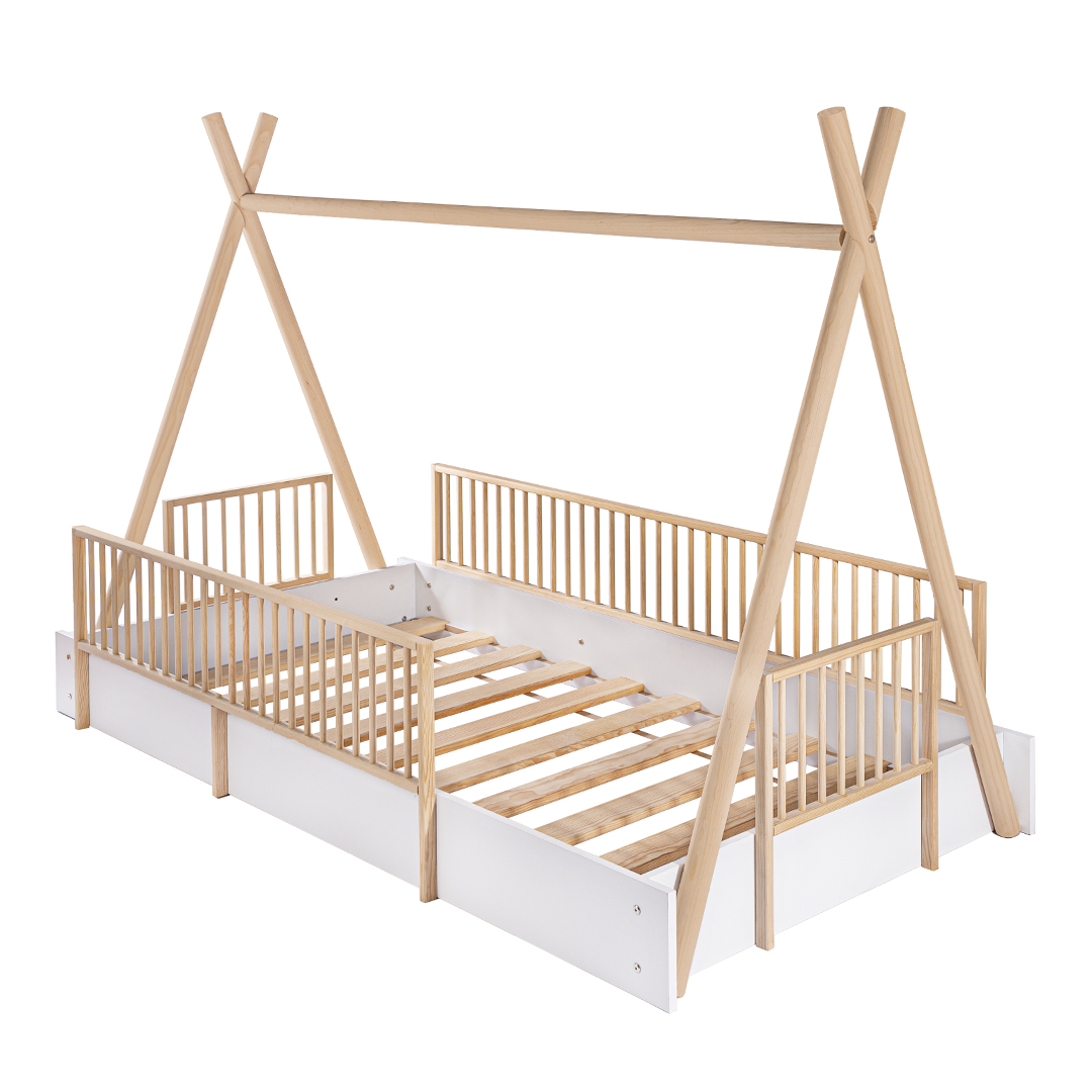 Cama Tipi Montessori Con Barandales De Madera Individual