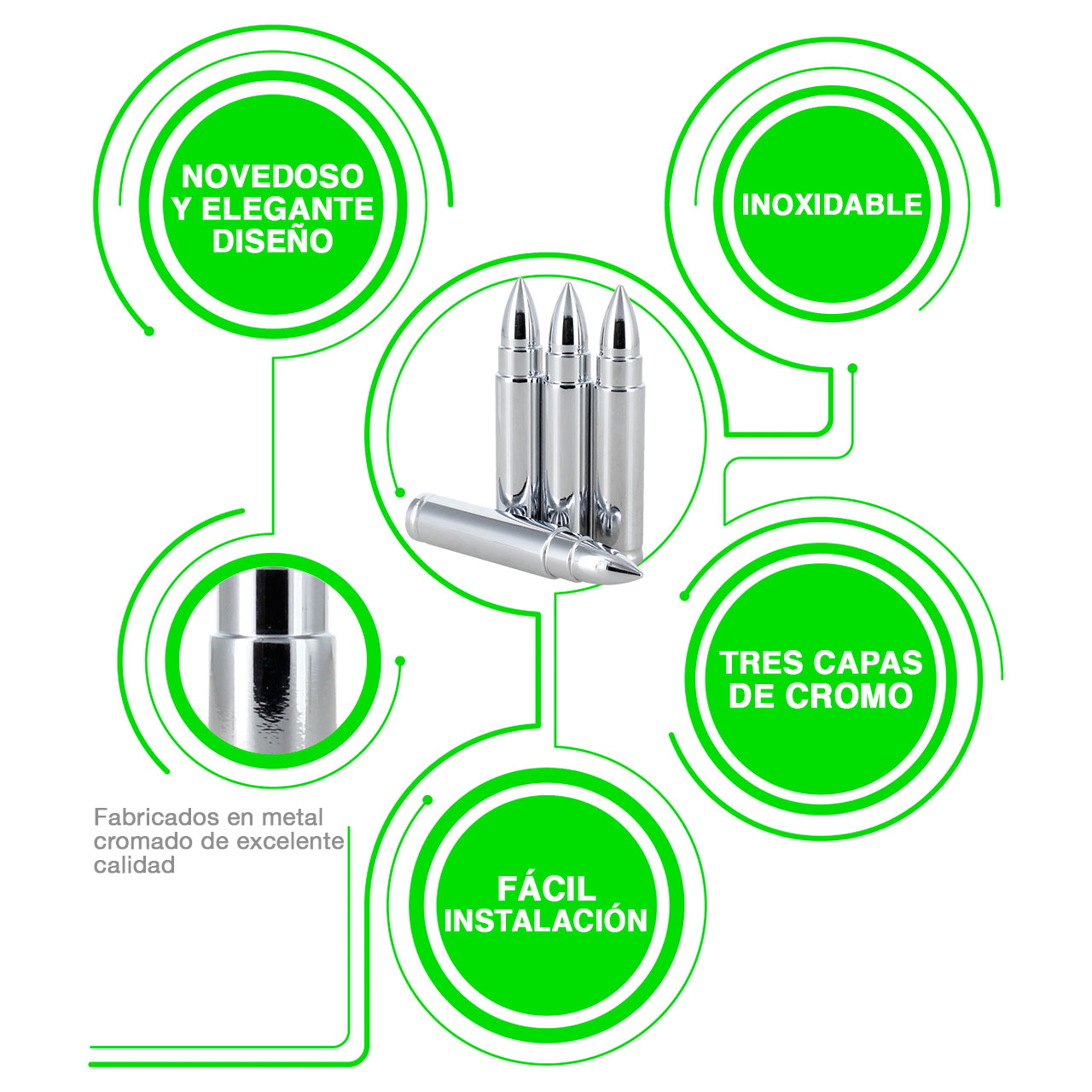 Juego 4 Tapones Cubre Pivote Valvula Metalicos Bala Grande