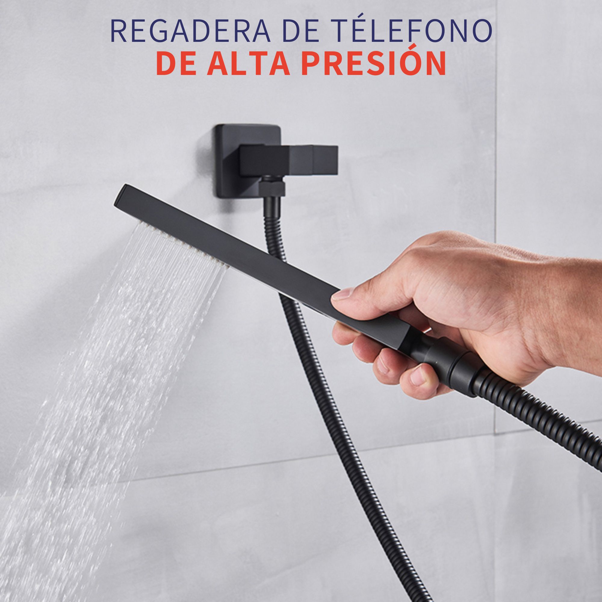 Kit Regadera Negra Cuadrada Tipo Lluvia Monomando Y Teléfono