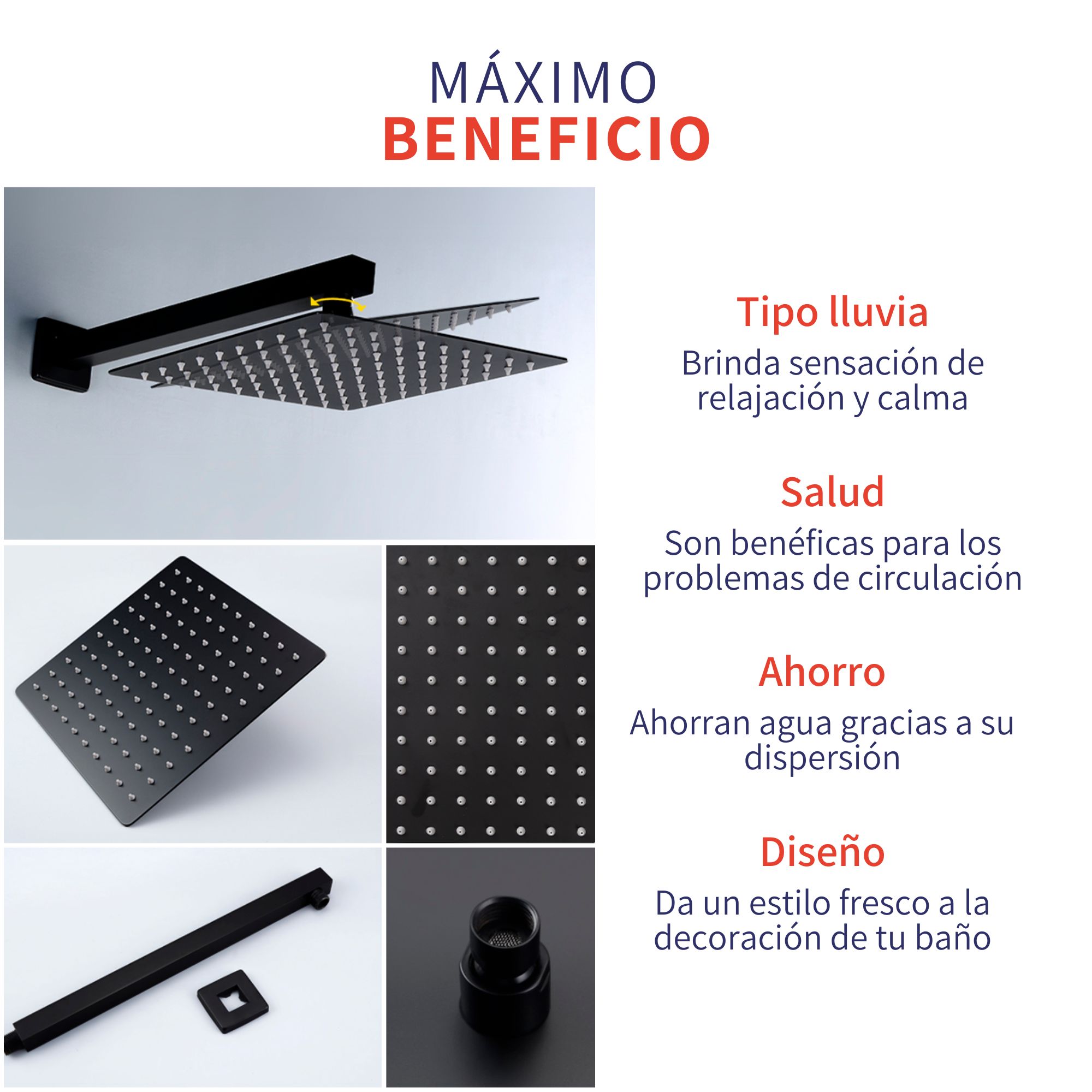 Kit Regadera Negra Cuadrada Tipo Lluvia Monomando Y Teléfono