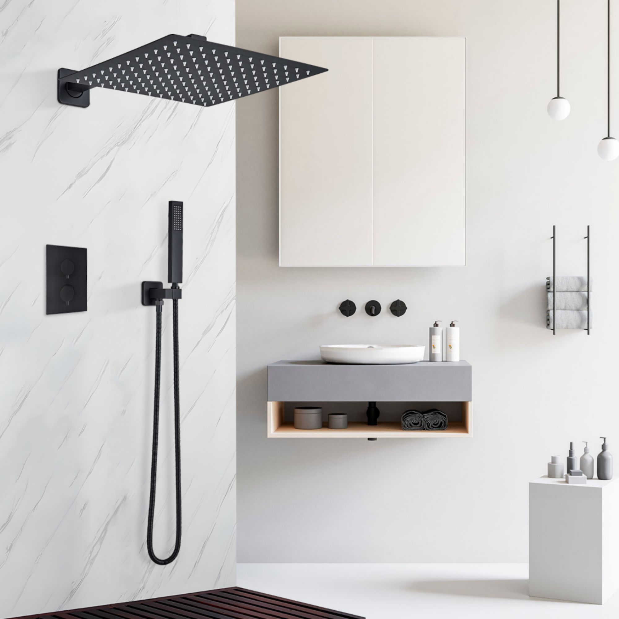 Kit Regadera Negra Cuadrada Tipo Lluvia Monomando Y Teléfono