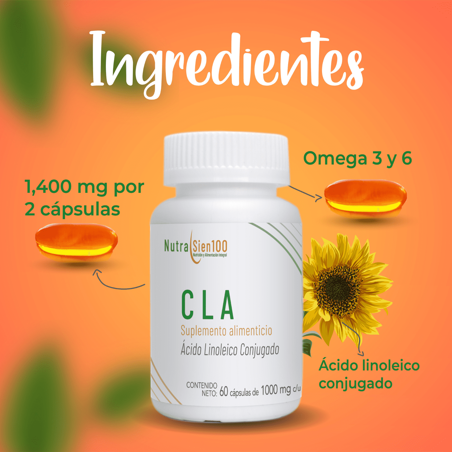 CLA cápsulas. 1000 mg Ácido Linoleico Conjugado. Termogénico Keto 60Caps