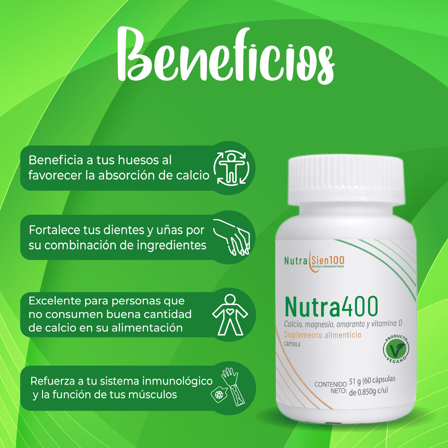 Calcio Natural Vitamina D3 Magnesio y Amaranto. Nutra400. 60caps