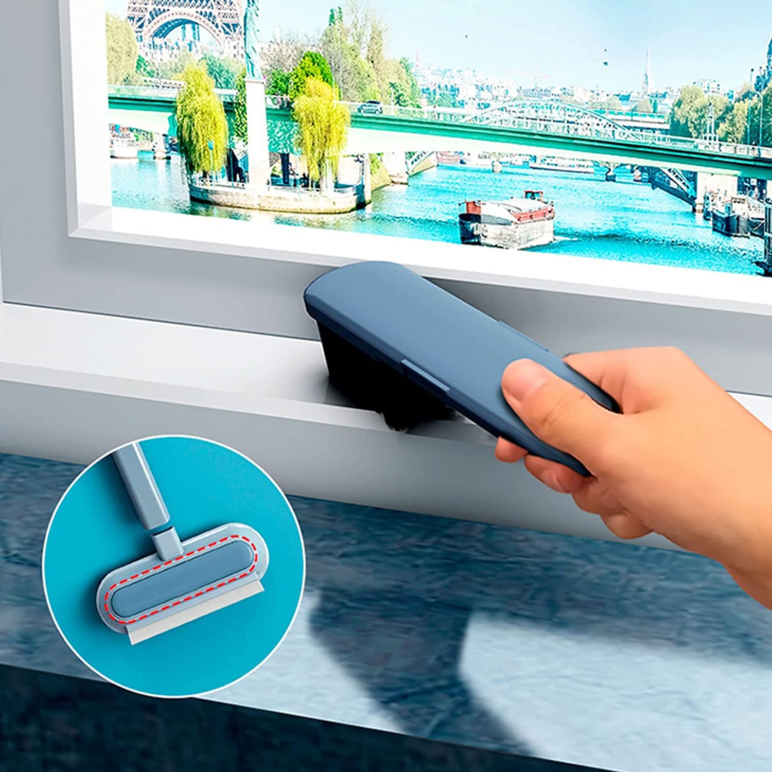 Cepillo de limpieza de pantalla de ventana 4 en 1 con asa, cepillo limpiador de ventanas portátil y escobilla para limpieza de ventanas en húmedo y seco, cepillo mágico de doble uso para limpieza de ventanas de sofá de pantalla y pared