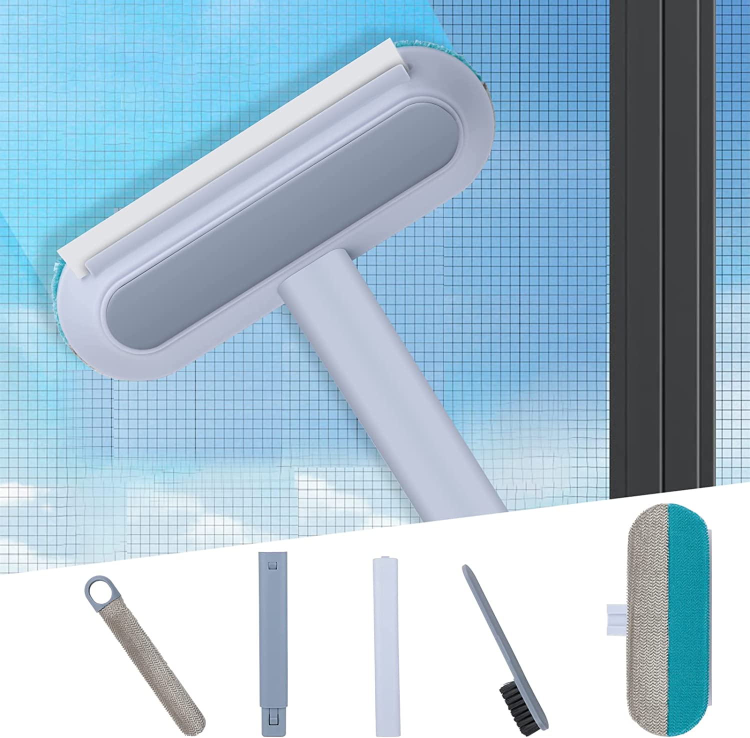 Cepillo de limpieza de pantalla de ventana 4 en 1 con asa, cepillo limpiador de ventanas portátil y escobilla para limpieza de ventanas en húmedo y seco, cepillo mágico de doble uso para limpieza de ventanas de sofá de pantalla y pared