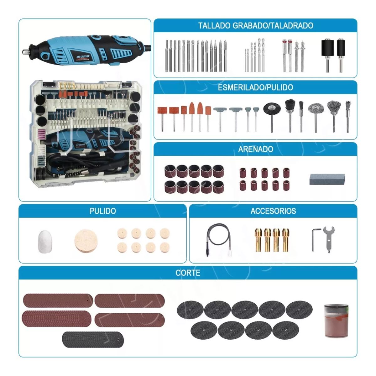 Mini Taladro Mototool Electrico Con 280 Accesorio Kit 185w Azul