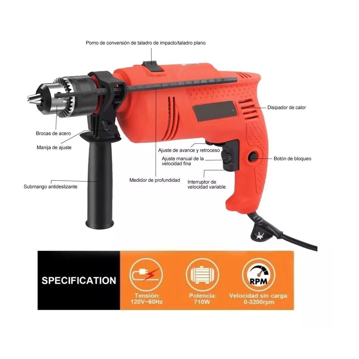 Taladro Rotomartillo 1/2'' Prof 710w Professional Set+brocas