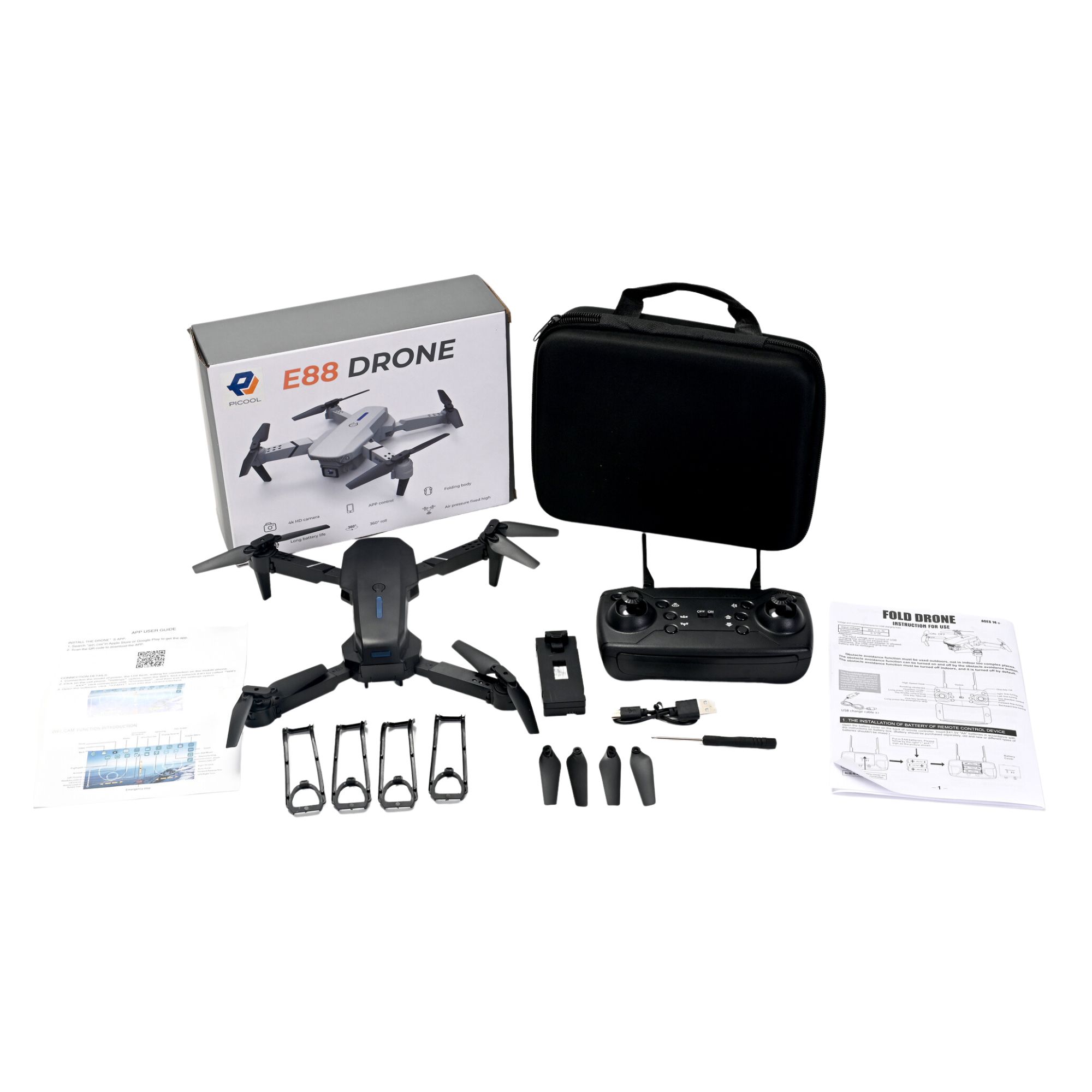 Mini Drone Con Doble Camara 4k HD E88 Rc 360 2 Baterias App