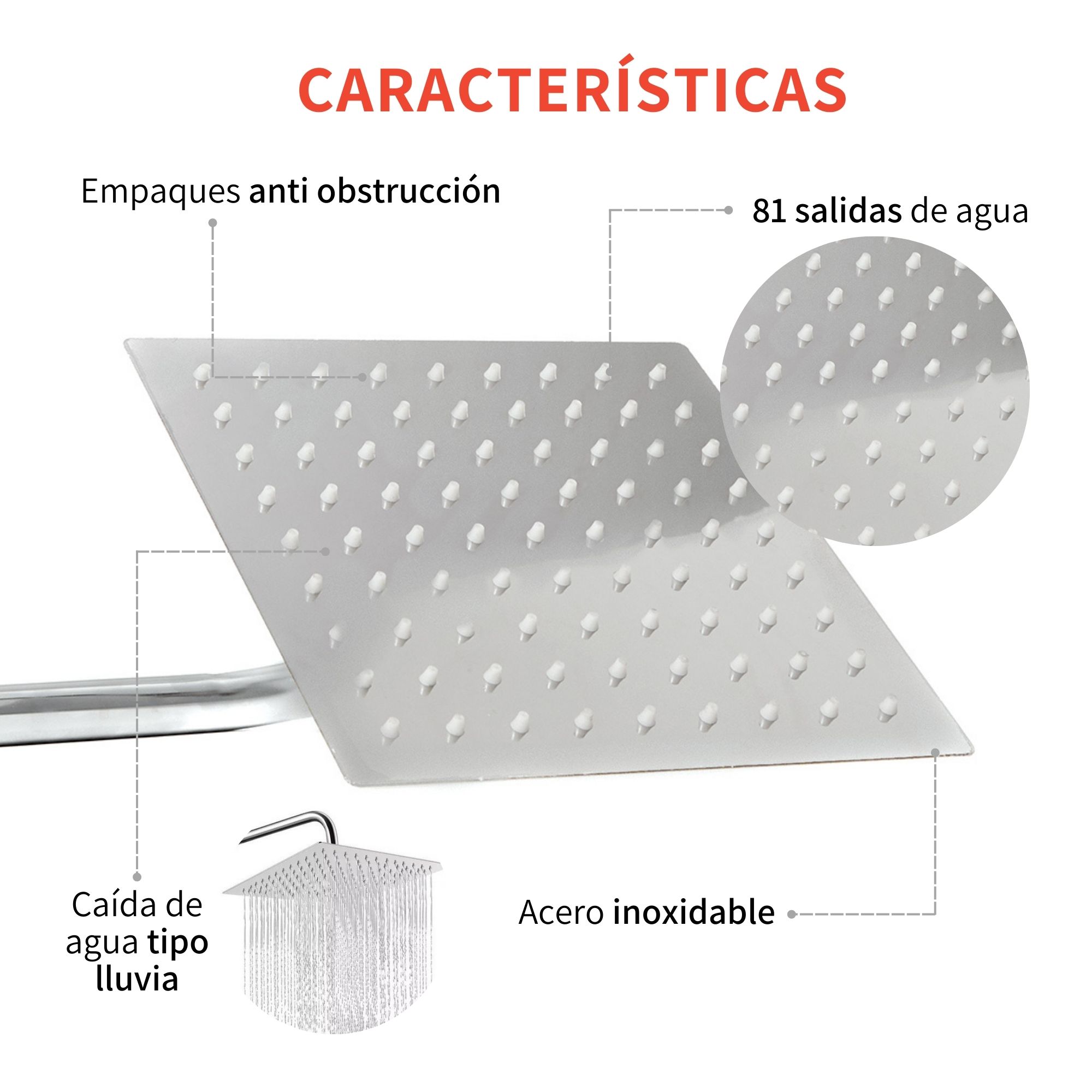 Regadera cuadrada tipo lluvia 20cm Cromada