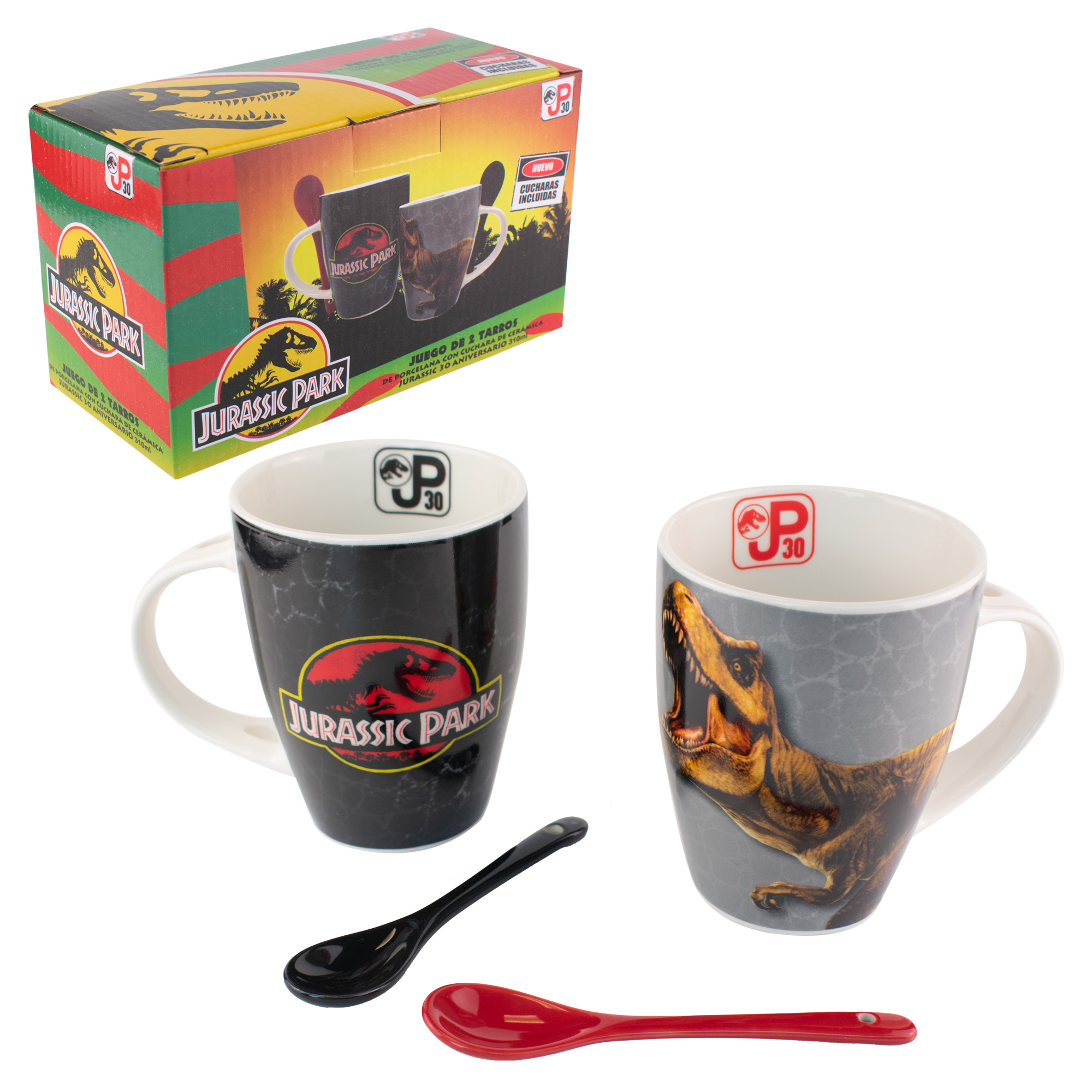 Fun Kids 1738-423 Set Juego 2 Tazas Porcelana con Cucharas Jurassic Park 30 Aniversario 310ml