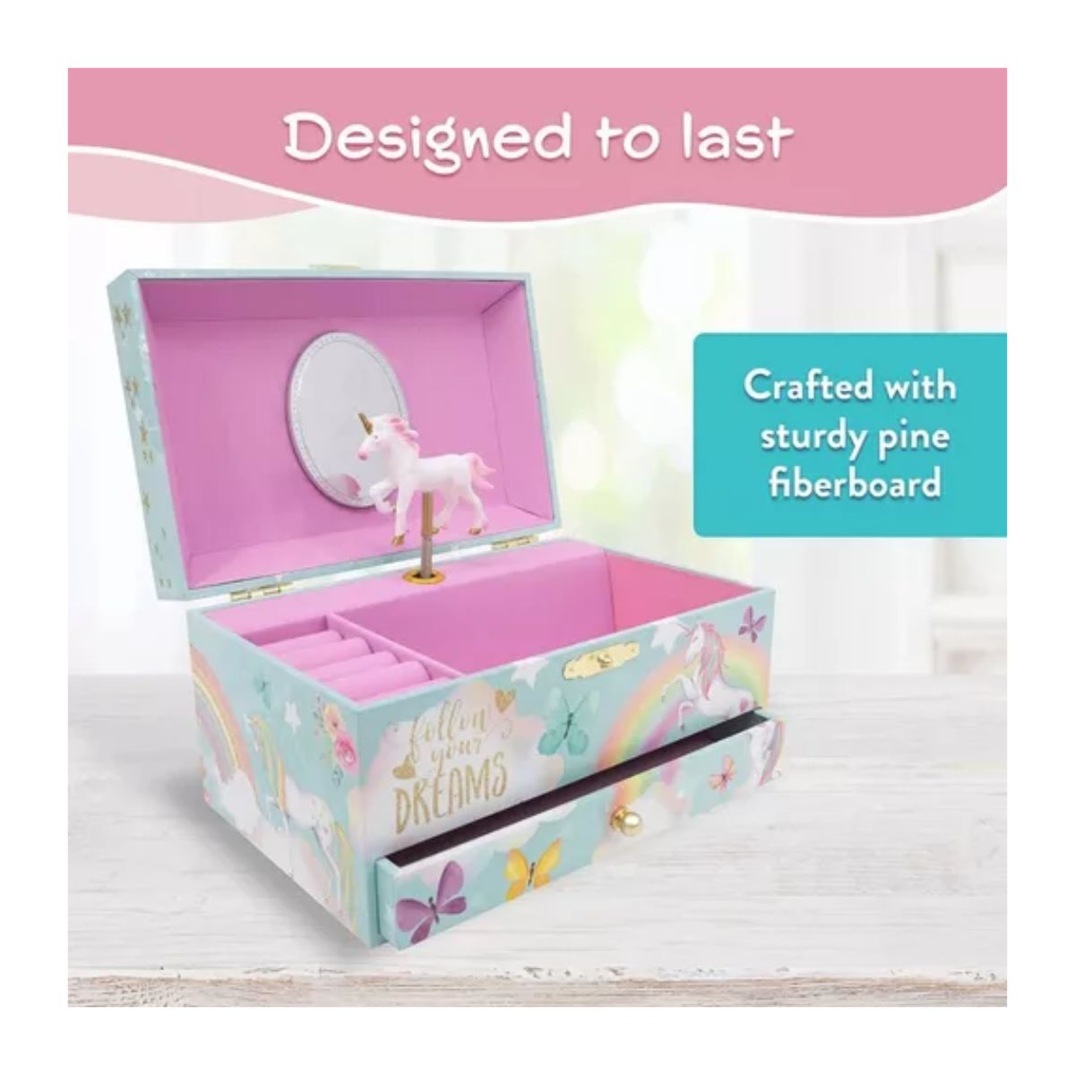 Unicornio Joyero Alhajeros Organizador Musical Niña Azul Con Rosa