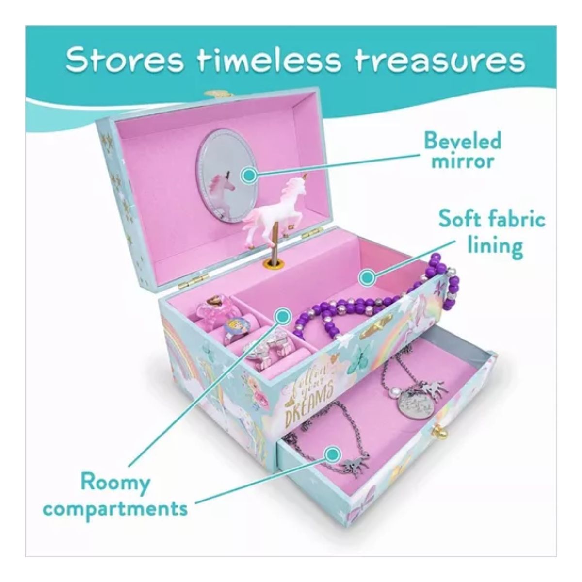 Unicornio Joyero Alhajeros Organizador Musical Niña Azul Con Rosa