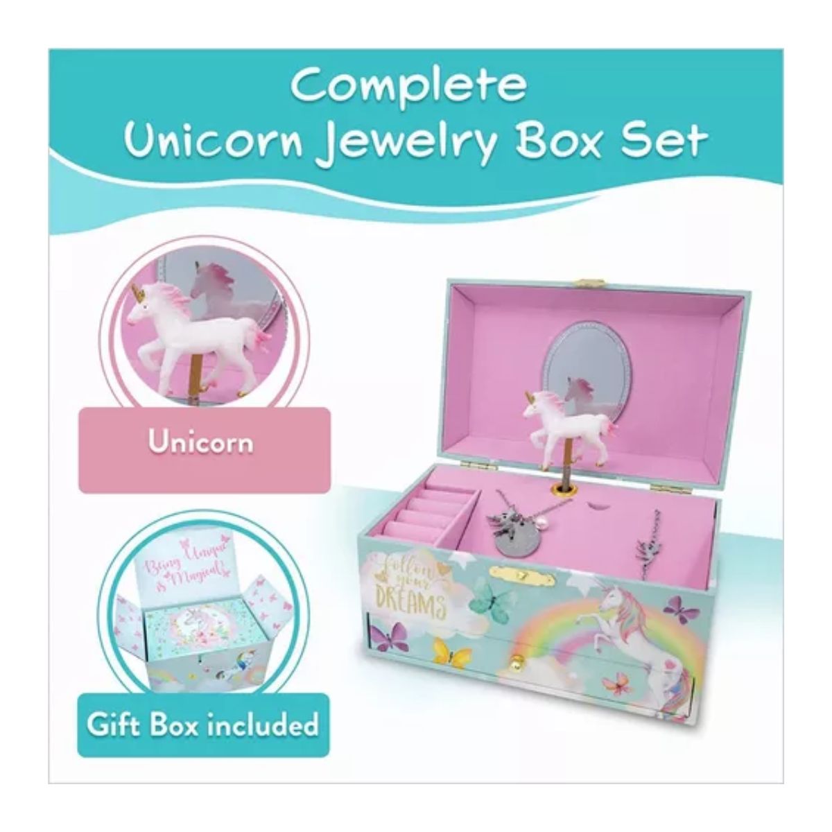 Unicornio Joyero Alhajeros Organizador Musical Niña Azul Con Rosa