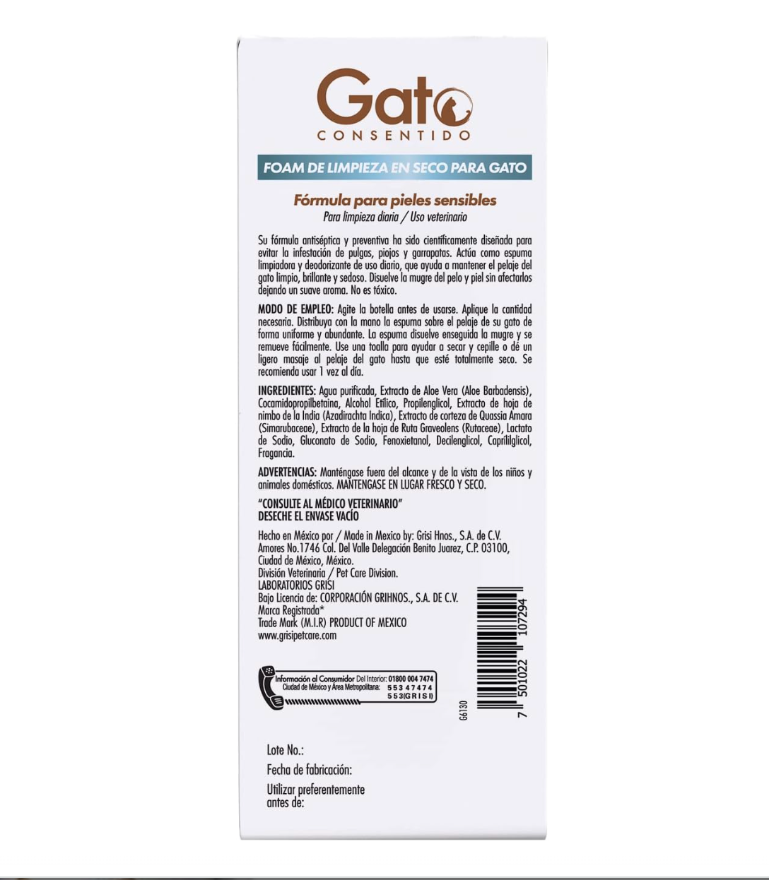 Foam De Limpieza Gato Consentido En Seco 150 Ml