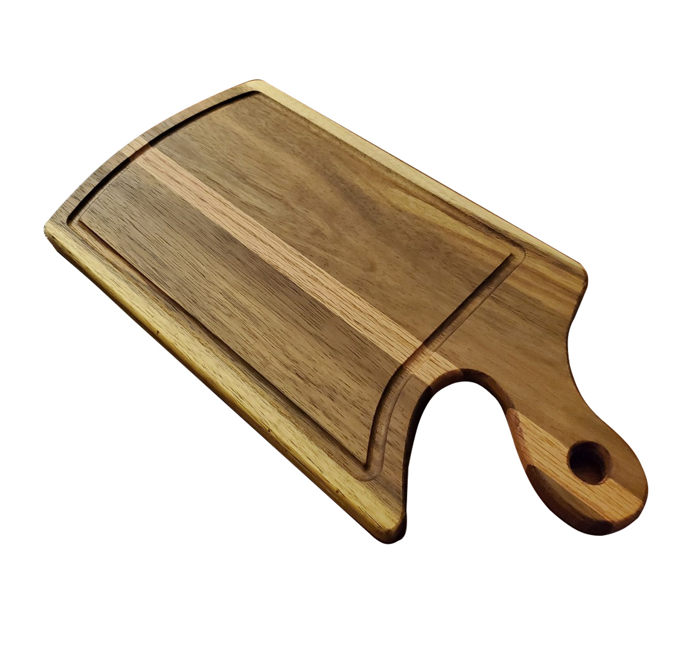 Tabla de madera maciza para cortar, picar, gruesa, tzalam, encino, curvilinea, forma organica, agarradera, canal, pesada, fina, elegante, presentacion, quesos, alimentos, cocina, hogar, canal de jugo.