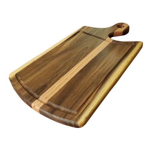 Tabla de madera maciza para cortar, picar, gruesa, tzalam, encino,  curvilinea, forma organica, agarradera, canal, pesada