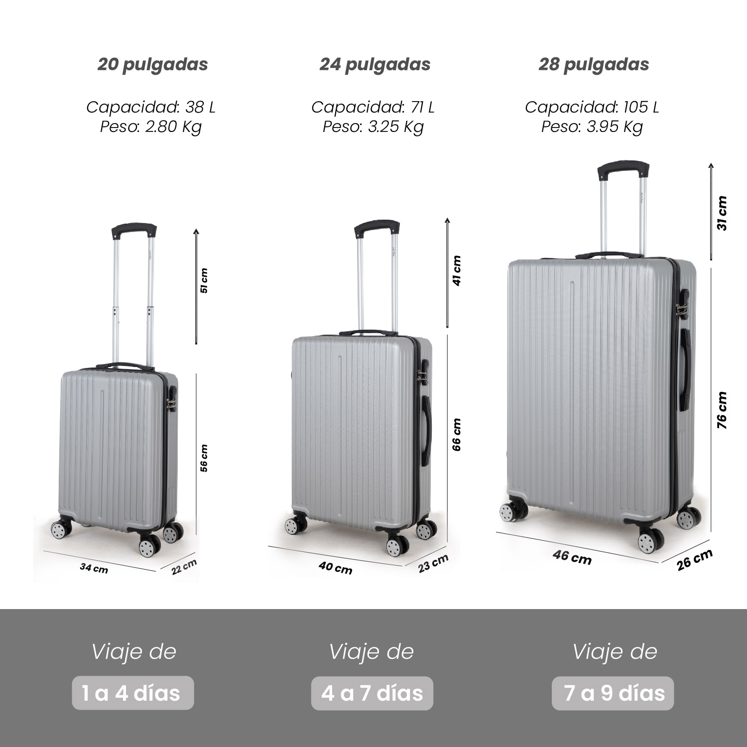 Juego 3 Maletas de Viaje Rigidas Ruedas 360 Bolsas De Viaje 1 Gris Plata