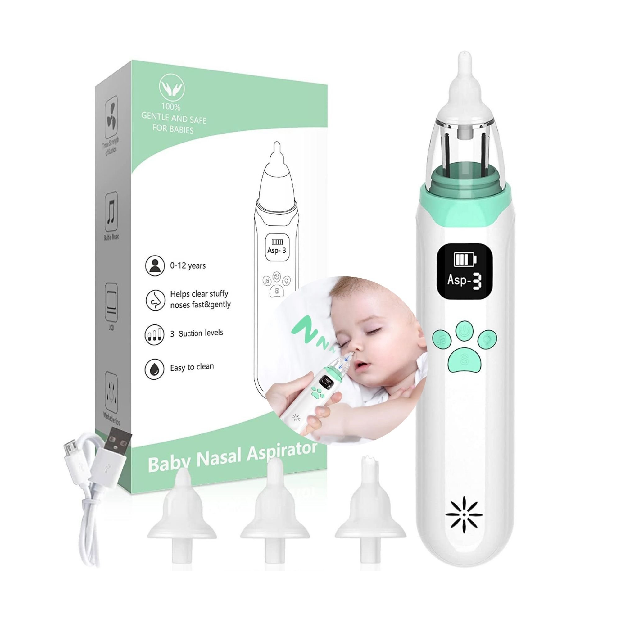 Aspirador nasal para bebés, succión de nariz eléctrica con puntas