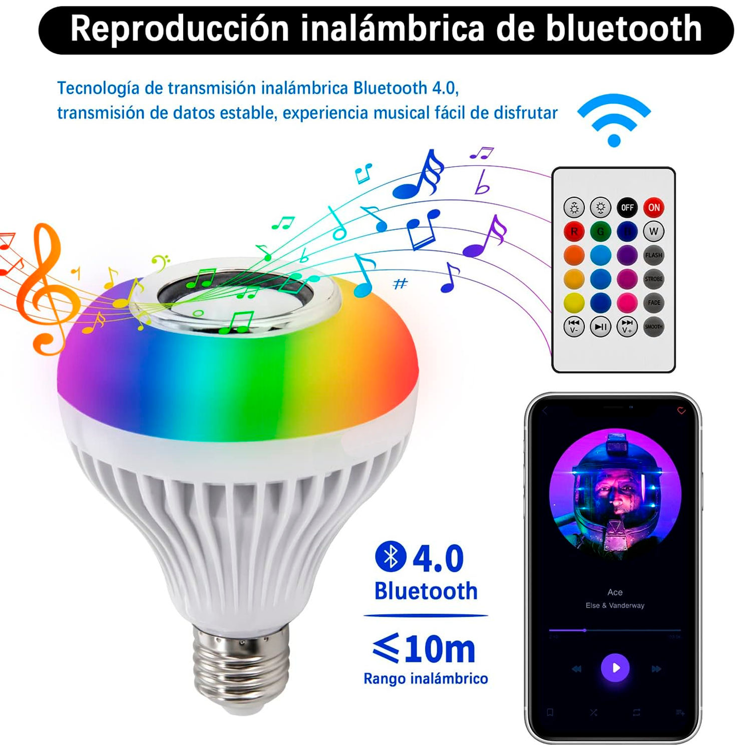 Bombilla LED E27 color con altavoz Bluetooth integrado