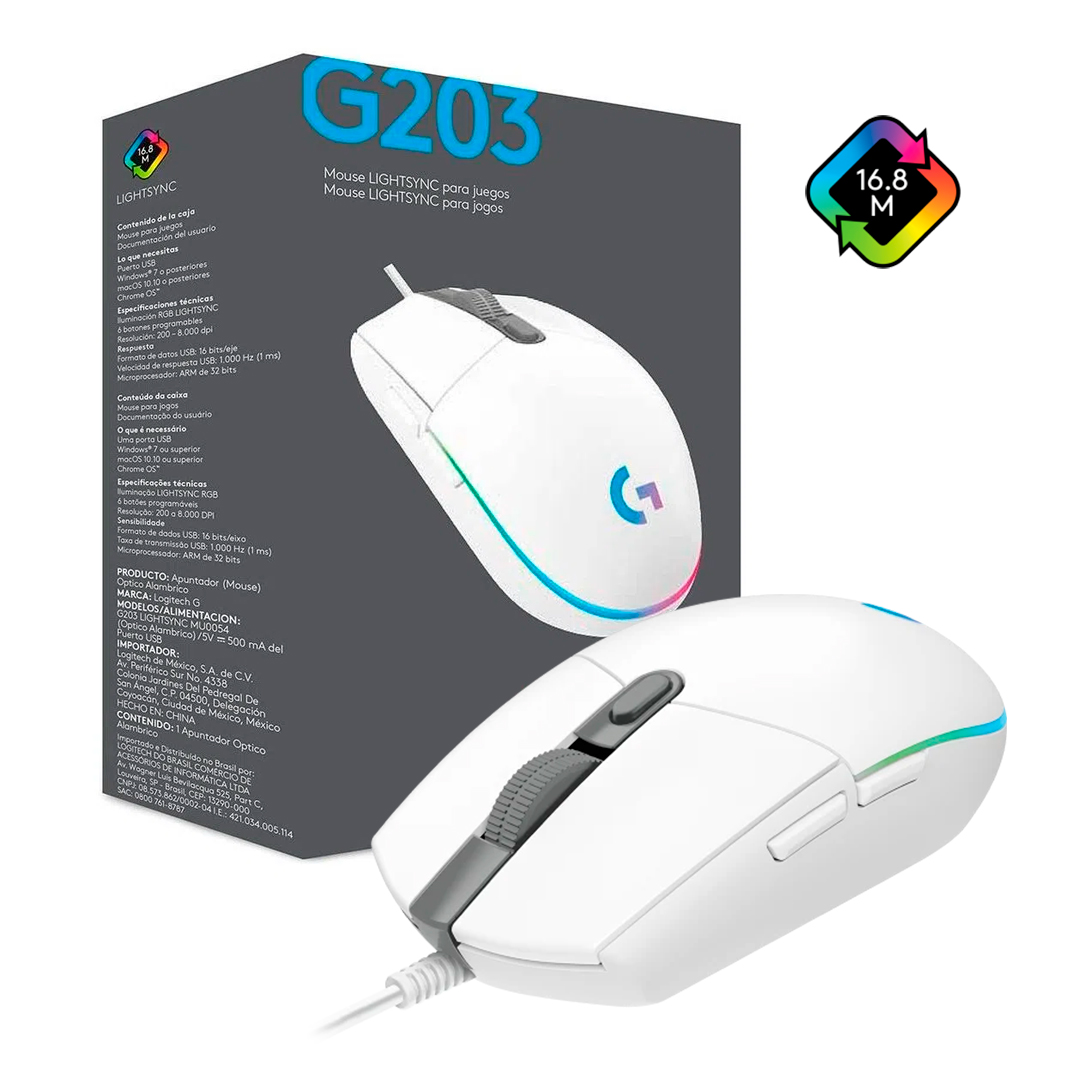 Mouse Gaming Logitech 203 Lightsync blanco