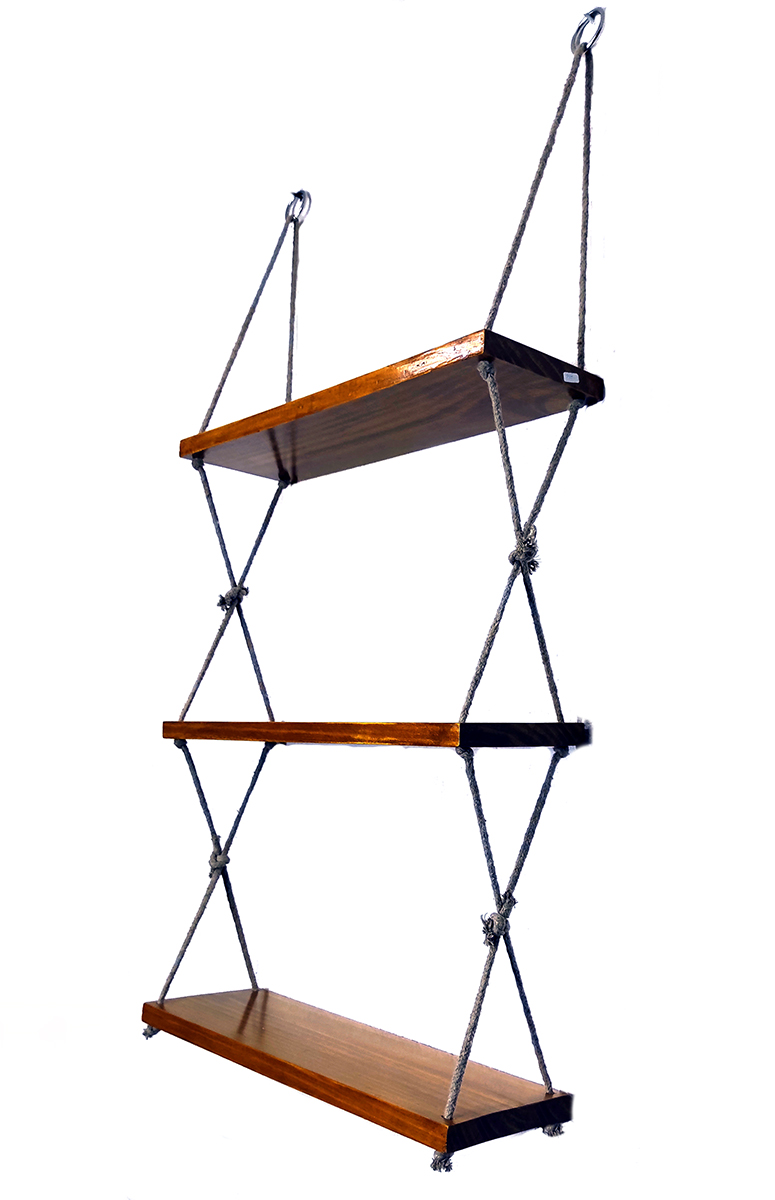 Repisa de Madera de 1ra entintada y barnizada de 3 niveles colgante con cuerda de algodón.