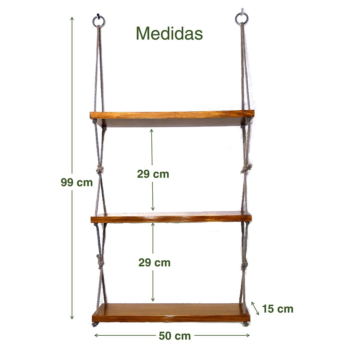 Repisa de Madera de 1ra entintada y barnizada de 3 niveles colgante con cuerda de algodón.