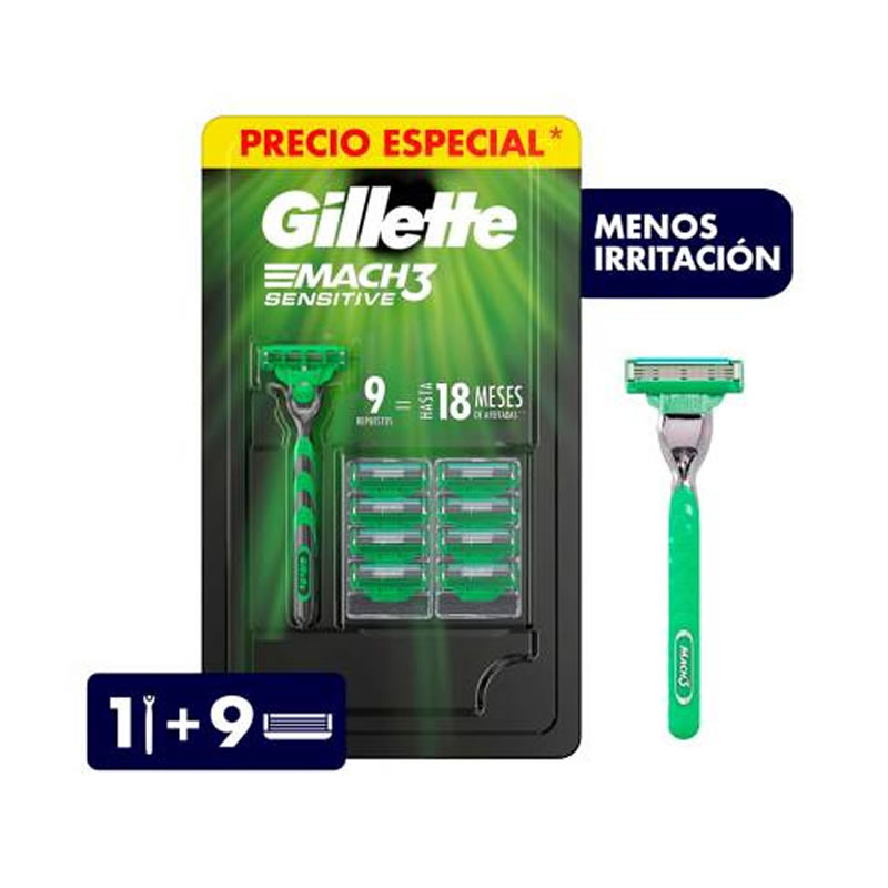 Rastrillo Recargable Con 9 Repuestos Gillette Mach 3 SMS