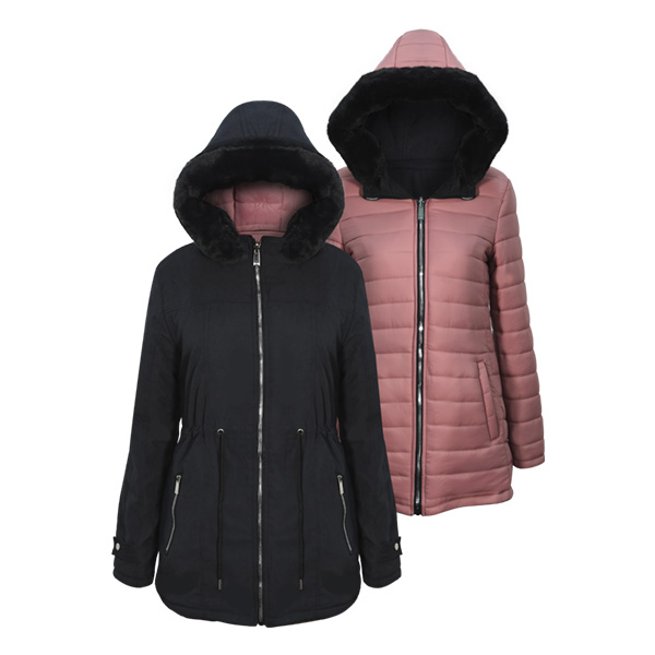 Chamarra para dama Modelo Brenda Doblie vista con gorro desmontable y larga 