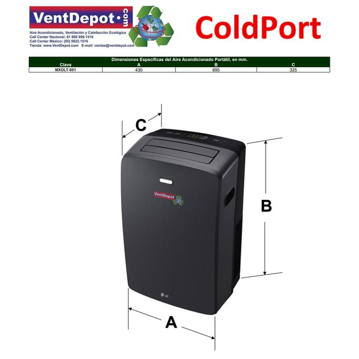 Aire Acondicionado Portátil Frío, MXOLT-001-15, 12000BTU, 1,0Ton, 373m³/hr, R410A, 110V, 1F, 60Hz, 12A, 8,4EER, 51dB, Solo Frío, c/ control remoto, Gris Oscuro,, ColdPort