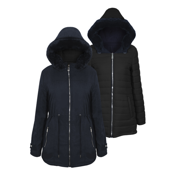 Chamarra para dama Modelo Brenda Doblie vista con gorro desmontable y larga 